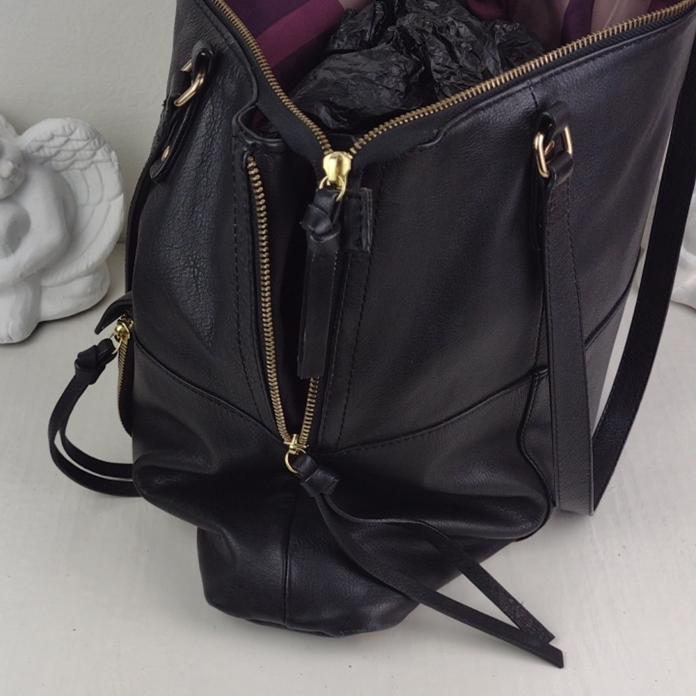 Classic Black Very Soft Leather Like Multi Tasseled Gold Tone HardwareTote Bag - Picture 9 of 14